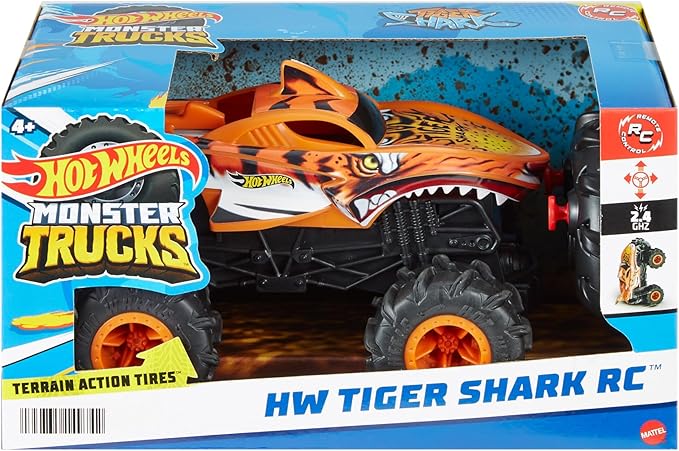 Hot Wheels Monster Trucks RC, 1:24 Scale Tiger Shark Vehicle, Oversized Remote-Control Toy Truck with Terrain Action Tires