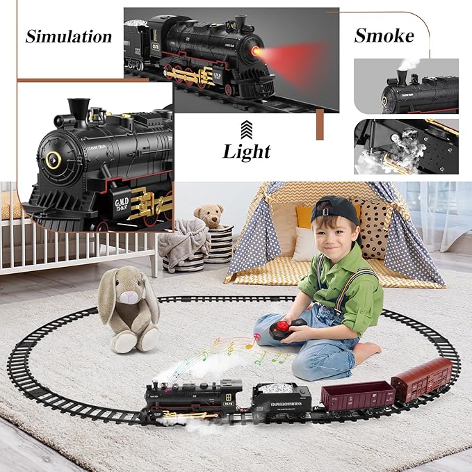 Train Set for Kids Remote Control Steam Locomotive Retro Train, with Railroad Carriages Long Tracks, Battery-Powered Model Train RC Toy Gift for Boys & Girls Ages 3-8