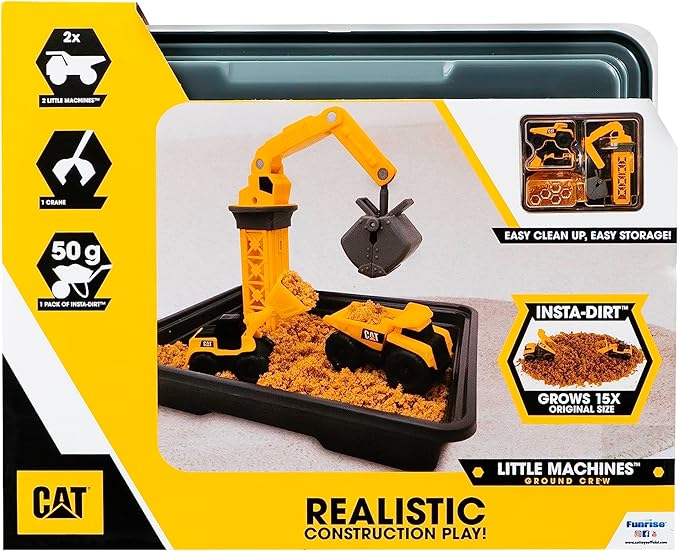 CAT Construction Toys Little Machines Ground Crew Playset with Insta-Dirt - Sensory Toys for Kids Ages 3 and Up - 15X Fast-Growing Dirt Compound & 2 Vehicles - Ideal Gift for Boys & Girls