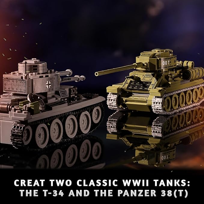 WW2 Army Tanks Toy Building Kit Compatible with Lego, Create a Soviet T-34 Tank & a German Panzer 38(t) Tank, Great Military Model Toys Gift for Boys, Kids, and Teens Age 8+ (1008 Pieces)