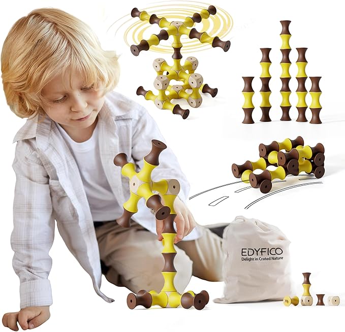 TZJ201, Wooden Building Blocks for Kids, 60Pcs SPINING Stacking Blocks, Durable & Safe Wood, STEM Learning Toys with Canvas Bag, Montessori Toys for Toddler 1-3, for Home, School, Travel