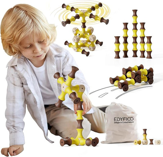 TZJ201, Wooden Building Blocks for Kids, 60Pcs SPINING Stacking Blocks, Durable & Safe Wood, STEM Learning Toys with Canvas Bag, Montessori Toys for Toddler 1-3, for Home, School, Travel