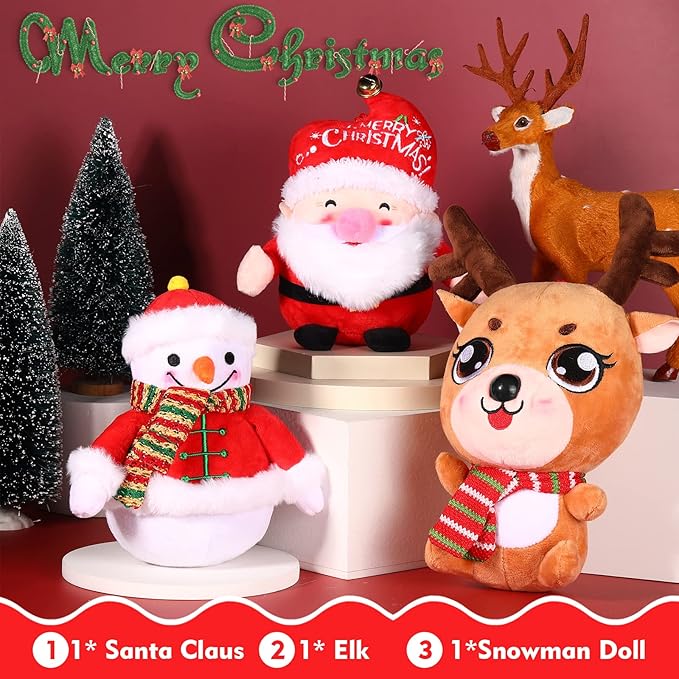 Threan 3 Pcs Christmas Plush Toy Doll Set Christmas Santa Stuffed Animal Toy Reindeer Cute Snowman Elk Claus Plush Gifts Xmas Party Favors Home Office Decor for Adults Boy Girl(Snowman, Santa, Elk)