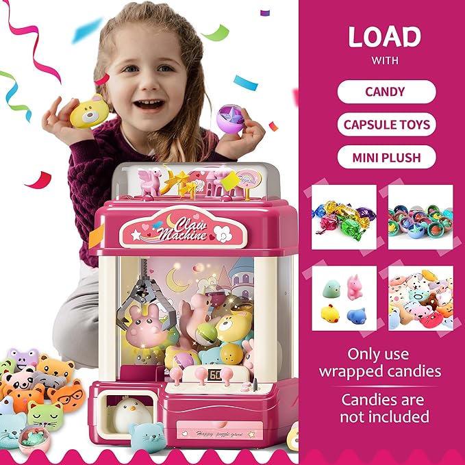 Interactive Claw Toy Arcade Machine with Prizes, Kids Vending Machine with Lights, Music, Plush Toys & Capsules, Mini Claw Machine USB Rechargeable, Birthday Gift for Girls Ages 4-12