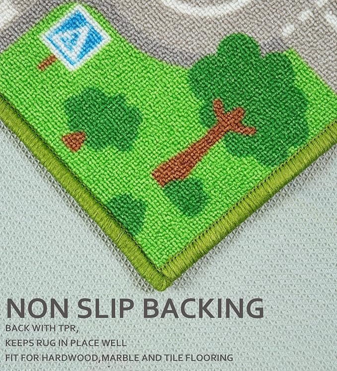 Educational Road Traffic Carpet Kids Carpet Playmat Car Rug Fun City Life Map Kids Car Rug Non Slip Play Carpet for Children Playroom Bedroom Classroom Decor (Green, 6'6''x9'8'')