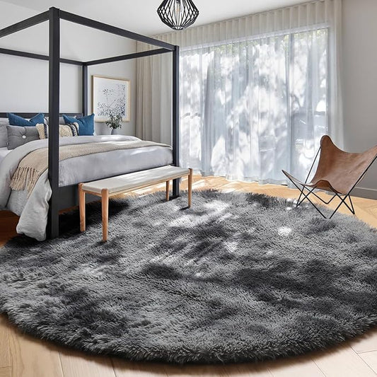 Amdrebio Tie-Dyed Dark Grey Round Rugs for Living Room, 8x8 Rug, Extra Large Circle Area Rug for Bedroom, Big Shag Fluffy Plush Carpet for Mens Home, Modern Cool Circular Rug, Soft Cozy Thick Rugs