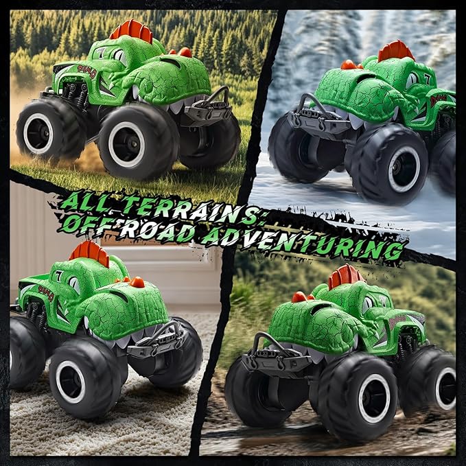 Amphibious Monster Truck Toys, 1:20 Waterproof Dinosaur Monster Trucks for Boys Age 4-7, 2.4GHz All Terrain RC Cars with 2 Batteries, 360° Rotating Stunt RC Car Toy Birthday Gift for Kids 3-5