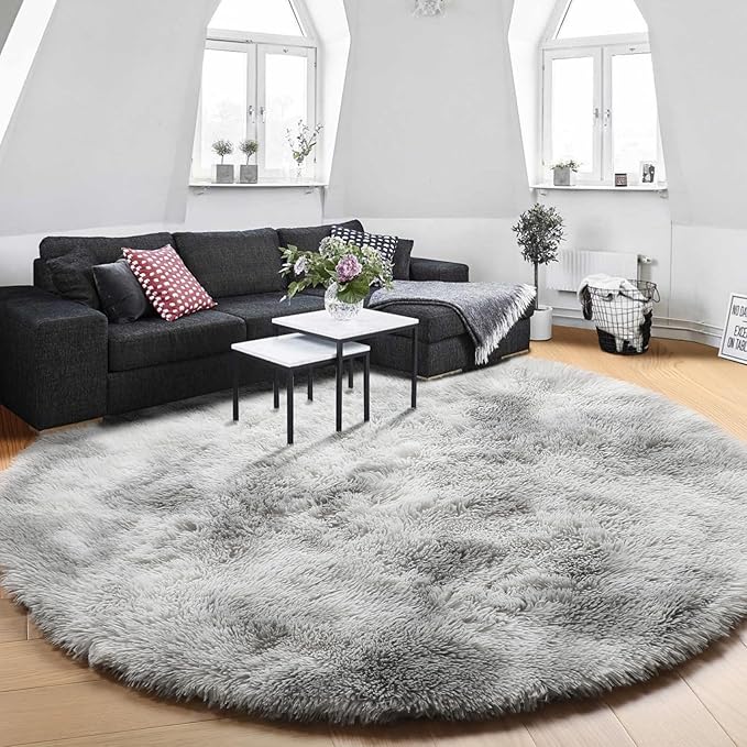 Amdrebio Tie-Dyed Light Grey Round Area Rugs for Living Room, 6x6 Ft, Soft Large Circle Rugs for Bedroom, Big Shag Fluffy Fuzzy Carpet for Kids Room, Modern Floor Circular Rug, Furry Farmhouse Rug