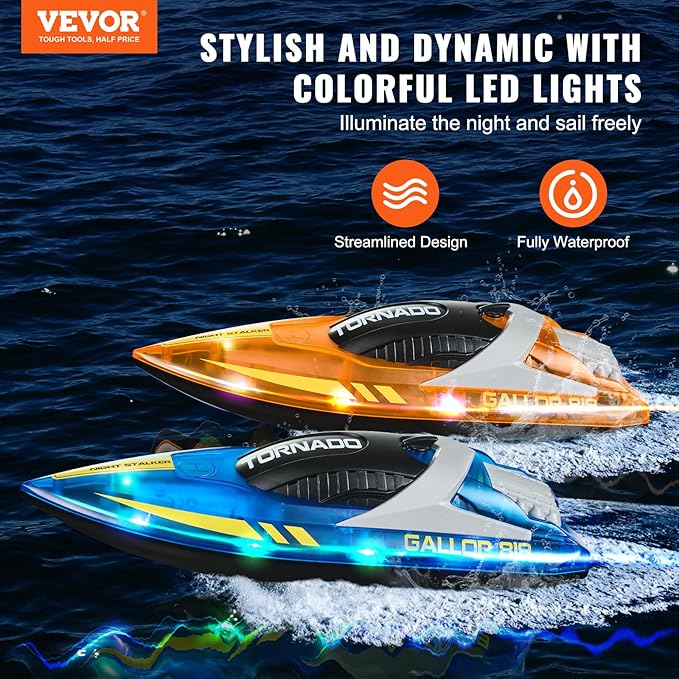 VEVOR RC Boat for Kids, 2Pack Remote Control Boat for Pools & Lakes, Racing Boat with LED Light & 4 Rechargeable Batteries, Whole Body Waterproof, Water Play Toy Gift for Adults Boys & Girls