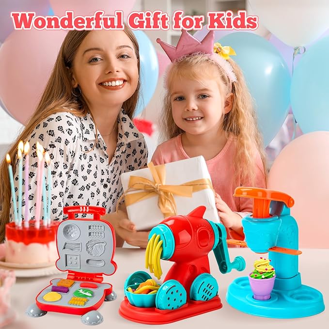 3 in 1 Dough Sets for Kids Ages 4-8, Dough Tools Kit with Ice Cream Noodle Hamburger Maker Machine, Kitchen Creations Art Crafts Food Play Toys for Boys Girls Kids Toddlers Ages 3+