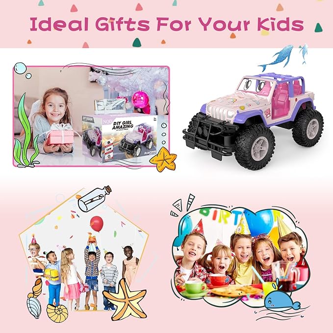 NQD Pink RC Cars 1:16 Scale with DIY Sticker, Remote Control Car for Girls, 80 Min Play 2.4Ghz Jeep RC Trucks,Little Girl Toys Gifts, Pink-Purple