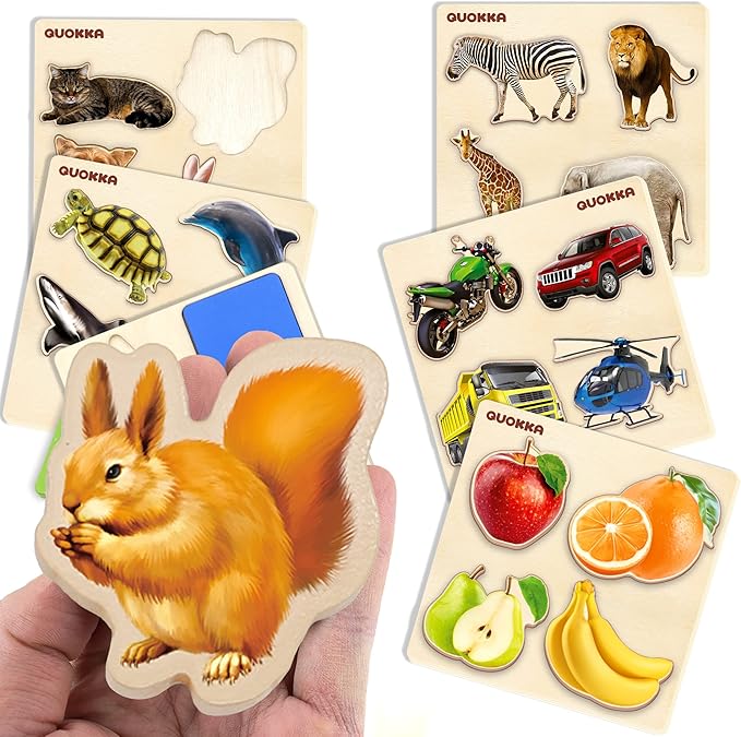 QUOKKA Wooden Puzzles for Toddlers 1-3 - 6 Toddler Peg Puzzles Ages 2-4 - Montessori Toy for Kids Ages 3-5 with Animal, Fruits, Geometric Shapes - Educational Preschool Game Gift for Childrens