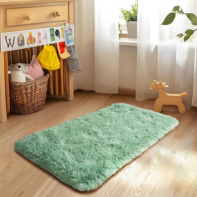 Super Fluffy Throw Rug for Bedroom, Modern Shag Sage Green Area Rugs, Soft Plush Small Carpet for Kids,Girls Boys and Teens Decorations for Living Room Dorm Nursery Classroom, 2x4 Feet