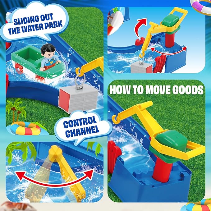 SANCO Water Table for Toddlers - Kids Water Track Playset 61PCS DIY Table Beach Toy on Backyard, Lawn, Pool - Water Toy with 4 Boats, Summer Outside Activity Funs for Toddler