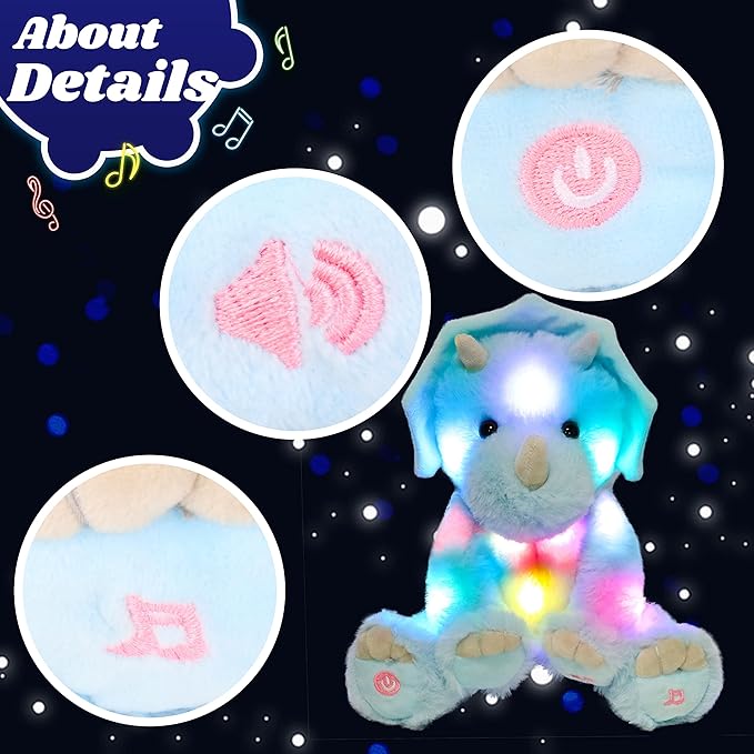 Cuteoy Blue Triceratops LED Musical Stuffed Animal Light-up Singing Plush Dinosaur Adjustable Volume Lullaby Plushies Birthday Christmas Toy Gifts for Kids Toddler Girls, 13"