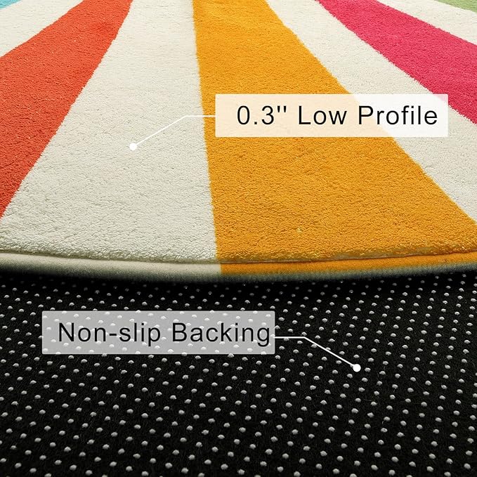 STARUIA Boho Washable Rug 5 Ft Round Area Rug for Bedroom, Rainbow Circle Kids Rugs for Office, Non-Slip Circluar Carpet Soft Sunshine Rugs for Dorm Nursery Sofa Living Room Corner