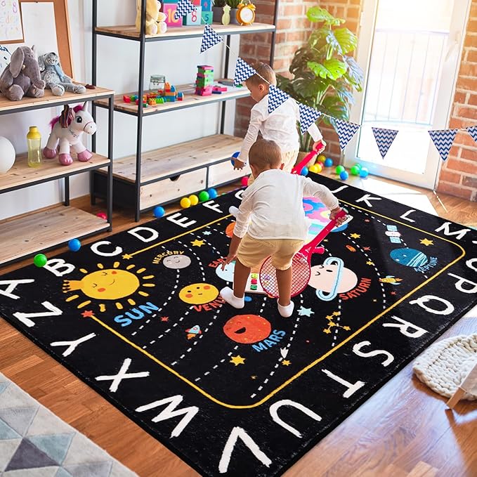 Outer Space Kids Rug,110.2"X78.7" ABC Alphabet Educational Kids Rugs for Playroom,Non Slip Solar System Galaxy Planets Playroom Rug,Washable Kids Area Rug Carpet for Classroom Bedroom Kids Room Decor