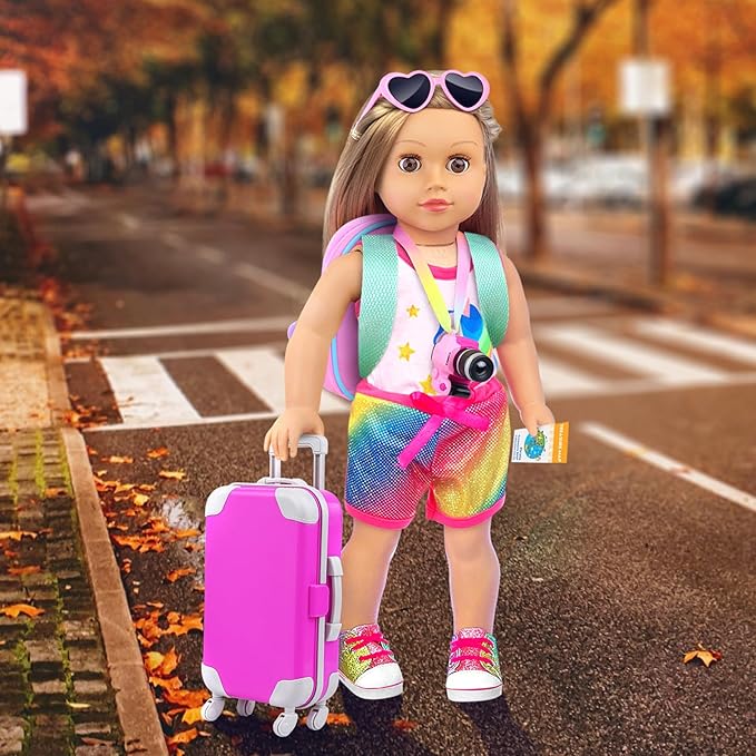 ZITA ELEMENT 24 Pcs 18 Inch Girl Doll Accessories Suitcase Luggage Travel Set Including 18 Inch Doll Clothes Luggage Pillow Blindfold Sunglasses Camera Computer Cell Phone Ipad and Other Stuff