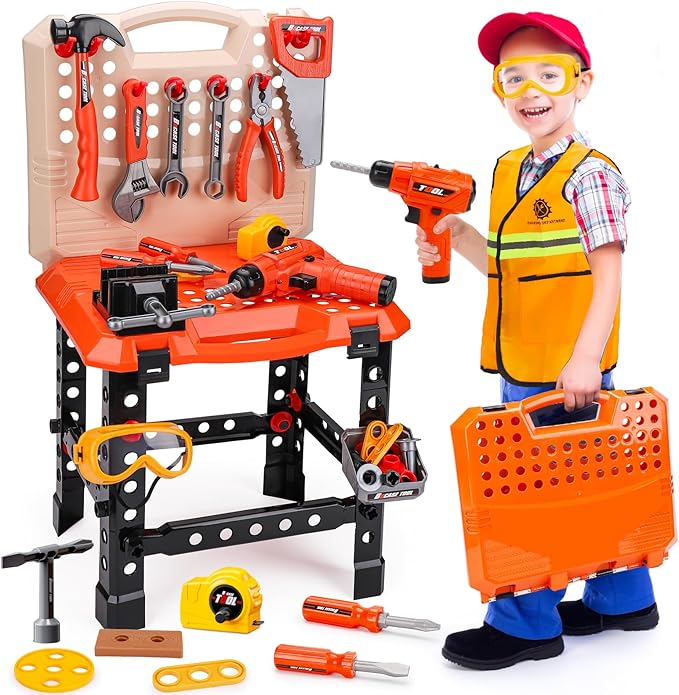 Toddler Tools Workbench Pretend Play Toys for Kids 3 4 5+Year Old with Realistic Electric Drill Boys Girls Age 2-4 Tool Set Learning Educational Construction Toy Power Work Bench Gifts for Kid 1-3 4-8