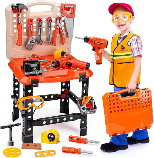 Toddler Tools Workbench Pretend Play Toys for Kids 3 4 5+Year Old with Realistic Electric Drill Boys Girls Age 2-4 Tool Set Learning Educational Construction Toy Power Work Bench Gifts for Kid 1-3 4-8