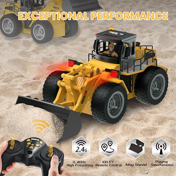 RC Bulldozer Toy Remote Control Bulldozer RC Construction Vehicles for Boys 1:18 Remote Control Tractor with Alloy Shovel Off-Road 4WD Light and Sounds RC Truck for Christmas Adults Gift Kids