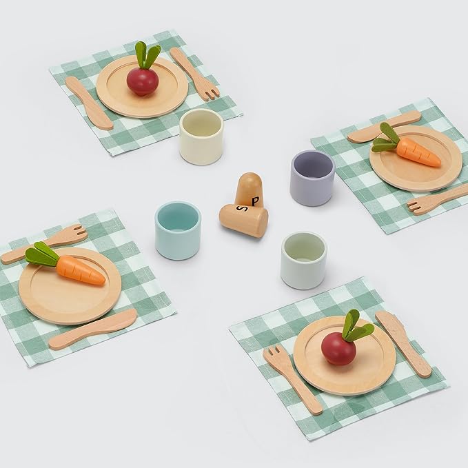 Wooden Toy Dish Set Toddler Plates and Cutlery Set Children's Kitchens Accessories Kids Role Play Food Gift for Girls and Boys
