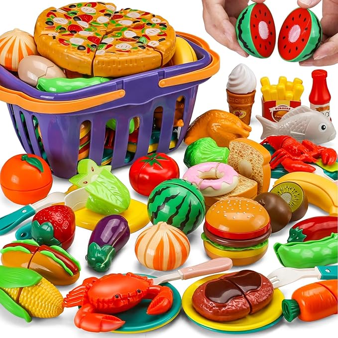42 Items 87 Pcs Cutting Play Kitchen Set for Kids, Pretend Cooking Fruit &Vegetables&Fast Food with Storage Basket, Fake Food Toys for Toddler&Baby, Educational Gift for Girls Boys Children Birthday