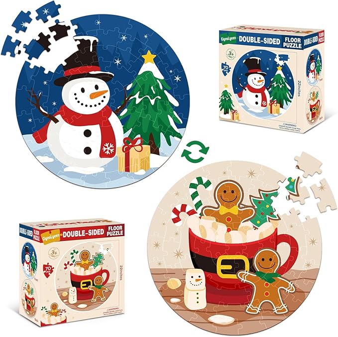 CiyvoLyeen Christmas Floor Puzzles for Kids Ages 3 4 5 6 7 8 Jigsaw Puzzles Penguin and Gingerbread Man Double Sided Large Round Puzzle Gifts Presents for Kids Children Toddler 22" 70 Pieces