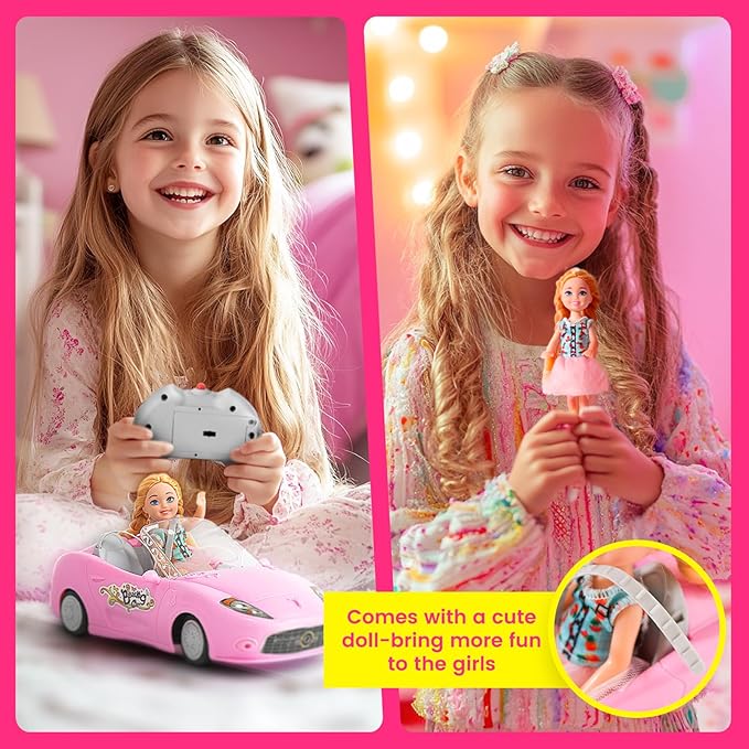 Pink Remote Control Car for Girls, 2.4Ghz Racing for Toddler, 1:18 RC Toys for Kids with Doll, 100 mins with Rechargeable Battery, Birthday for Grils