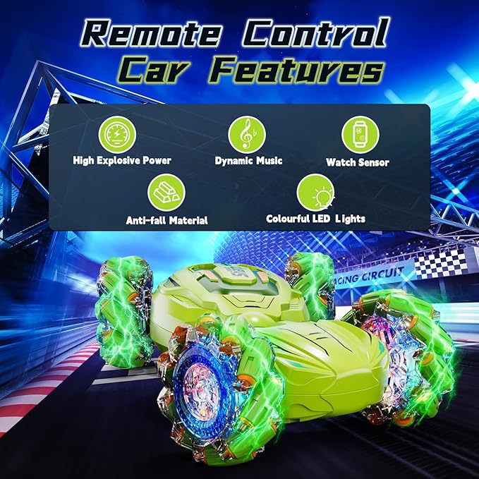 Remote Control Gesture Sensor Car, 2.4Ghz 4WD Hand Controlled RC Car, Gesture Rc Stunt Car with Light & Music, 360° Spins All Terrains Hand Controlled Car Toys for Age 8+, Birthday Gifts for Kids