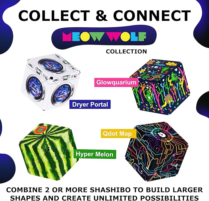 SHASHIBO Meow Wolf Shape Shifting Box - STEM Magnetic Fidget Cube That Transforms Into Over 70 Shapes, Download Fun in Motion Toys Mobile App (Glowquarium)
