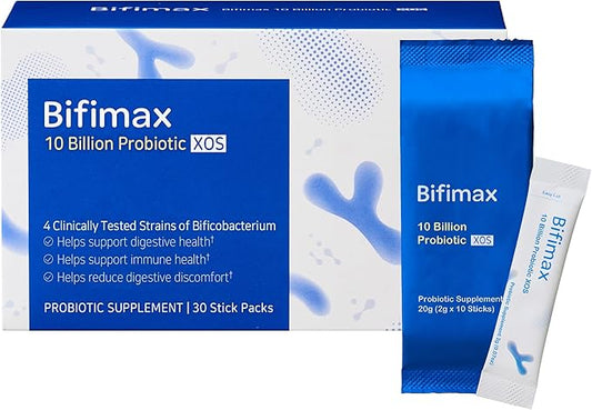 Bifimax 10 Billion Probiotic XOS - Premium Synbiotic Supplement with Human-Derived Bifidus Bacteria & XOS, Advanced Syn-B MAX Technology for Gut Health (2.1 oz, 30 Sticks)