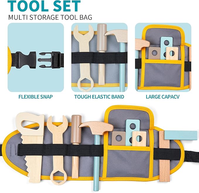 Kids Tool Bench,Wooden Play Tools Set with Kids Tool Belt Toddlers Workbench Pretend Construction Tools Set Wooden Toy Drill Gift for Boys & Girls Age 3-5