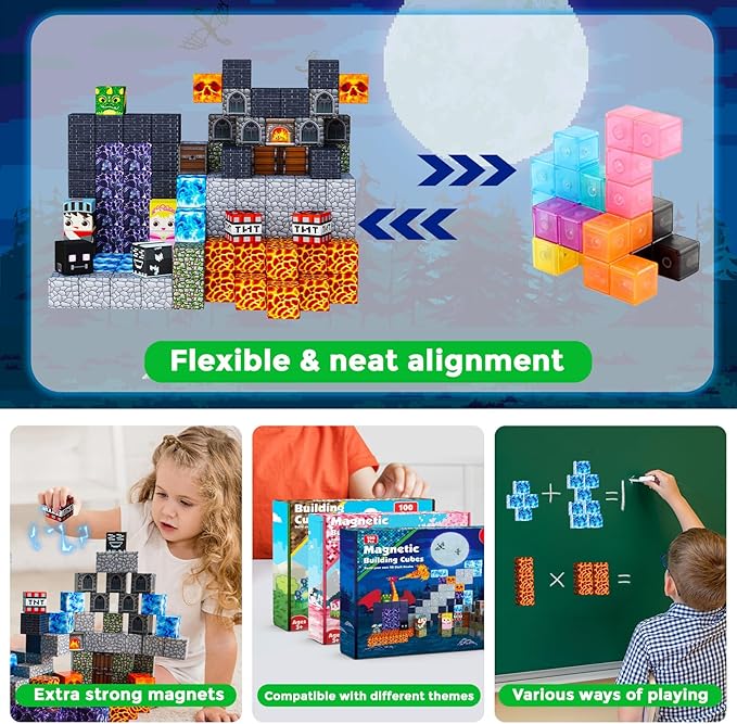 Magnetic Blocks - 100PCS Build Magnetic Dark Mechanical Guardian Castle - Magnetics Toys for Montessori Toddler Christmas Birthday Gifts - STEM Sensory Toys for 3 4 5 6 7 8 9 10 Year Old Boys