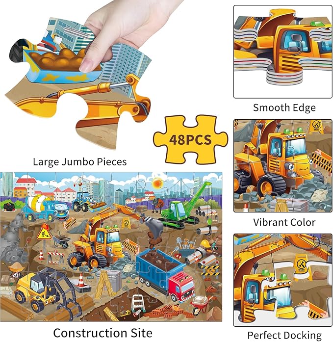 48 Pieces Jumbo Floor Puzzles for Kids ages 3-5, Puzzle for Kid Ages 4-6, Construction Site Jigsaw Large Puzzles, Children Learning Preschool Educational Toys, Great Gift for Kids 4-8 Years Old