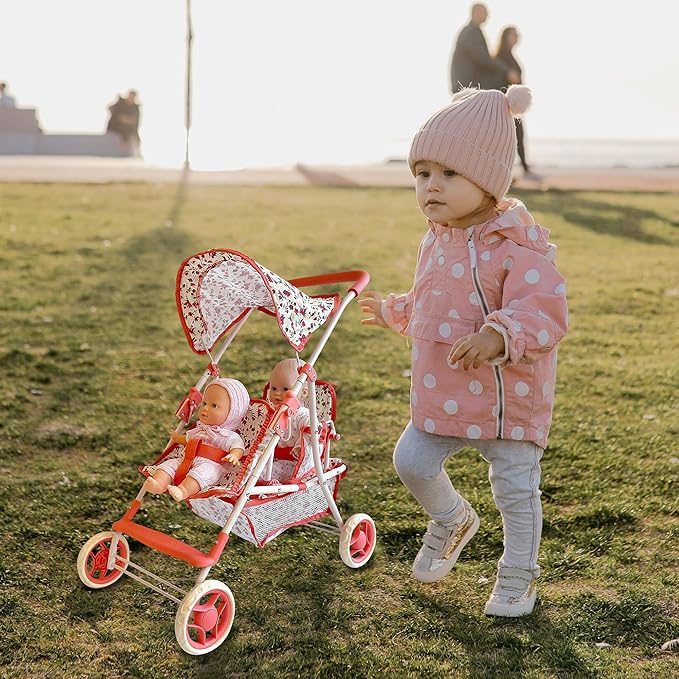 Double Doll Stroller for Baby Dolls Twin Dolls | Toy Doll Stroller for Toddlers, 4 Year Old, 5 Year Old Girls, 8 Year Old | 25” Tandem Play Toy Stroller for Baby Dolls, Floral Baby Stroller for Dolls