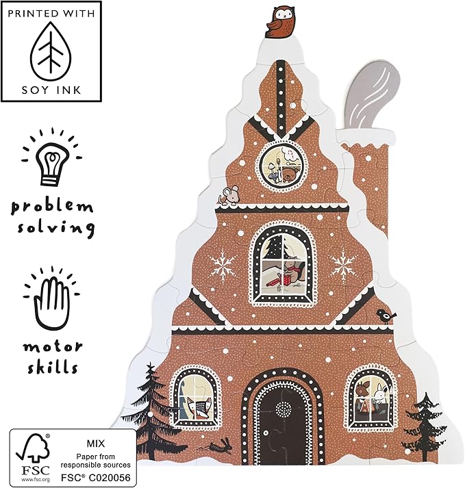 Gingerbread House Floor Puzzle, 24 Large Pieces, Winter Holiday Animals, Traditional Decoration, Learning Activity Toy, Brain Games, Train Motor Skills, Puzzles for Preschool, Toddler, Children, Kids