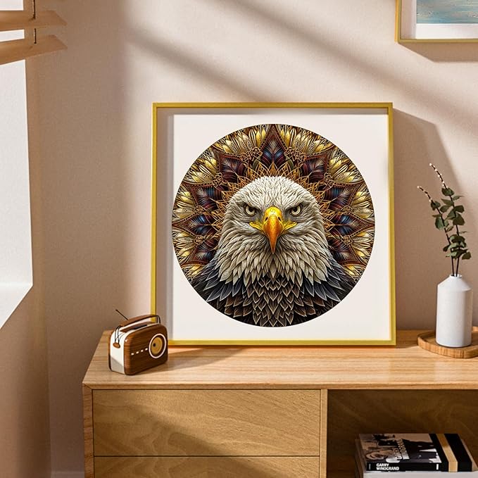 Bald Eagle Wooden Puzzle for Adults, Mandala Wooden Jigsaw Puzzles, Inspiring Puzzle, Beautiful Wooden Puzzle with Box Birthday Gifts for Adults and Kids Family Game(12.6 * 12.6in-300pcs)