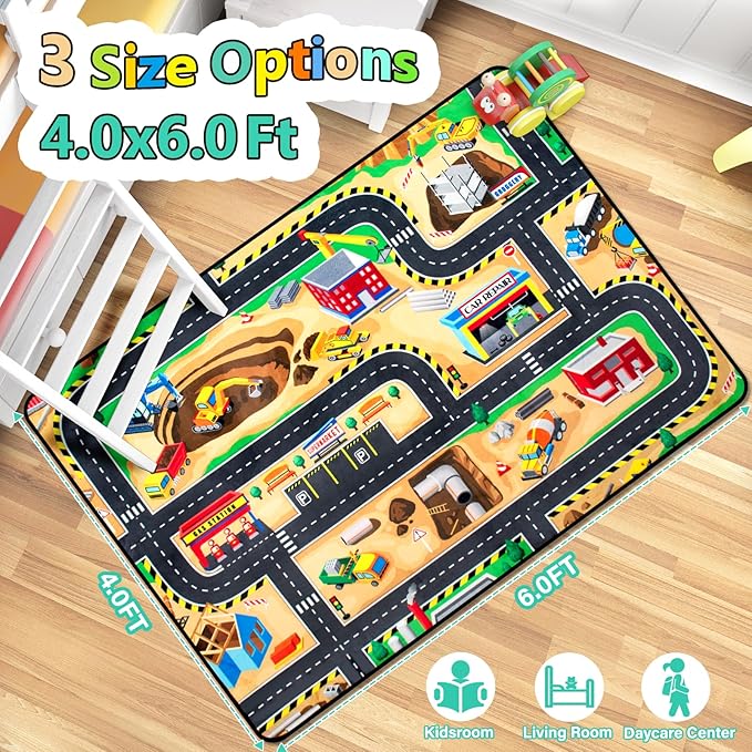 Kids Rug Construction Site Play Rug, 4x6 Ft Area Rug, Tufted Wool & Rubber, Non-Slip, Stain & Fade Resistant, Machine Washable, Rustic Cartoon Construction Site Pattern