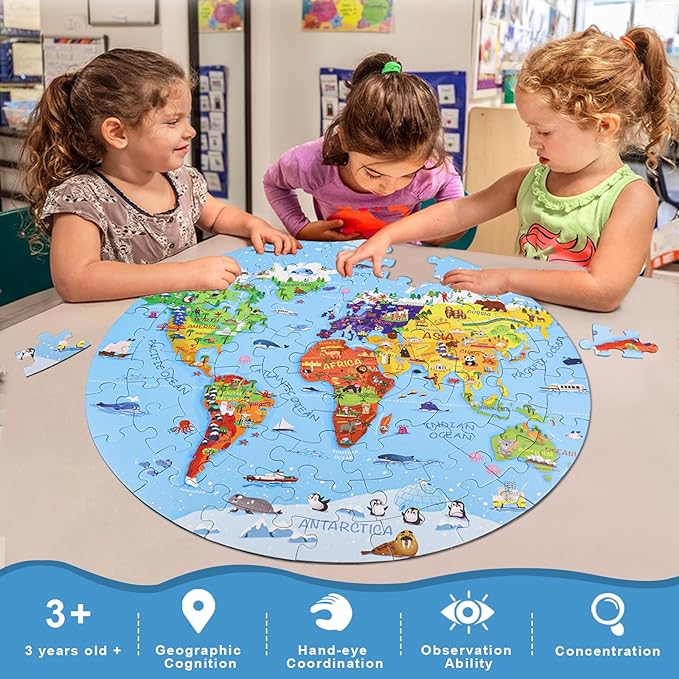 World Map Jigsaw Puzzle for Kids 4-8, 70 Piece Large Round Floor Puzzles for Kids Ages Toddler Puzzle Globe Geography Games Educational Toys Birthday for Children