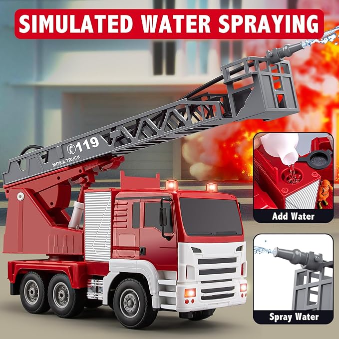 13 Channel RC Fire Truck Toy, 2.4G Large Remote Control Firetruck with Lights, Siren Sounds, Water Spraying, RC Car for Kids Boys 16.5"