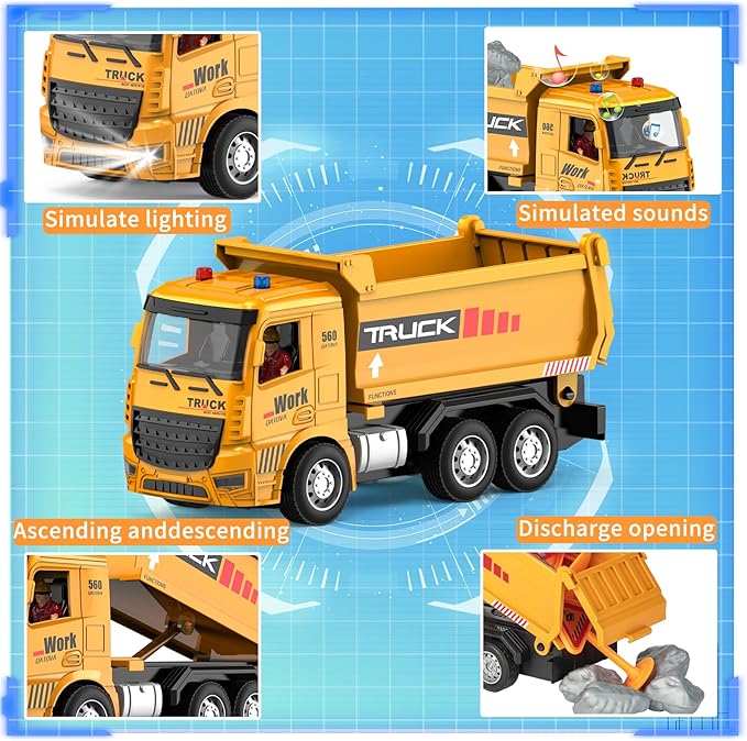 Remote Control Excavator and Dump Truck Toy Set - RC Construction Vehicles Toy with Barricades, Road Signs, Simulated Rocks, Lights and Sounds, Present for Toddlers 3-12 Year Boys Girls