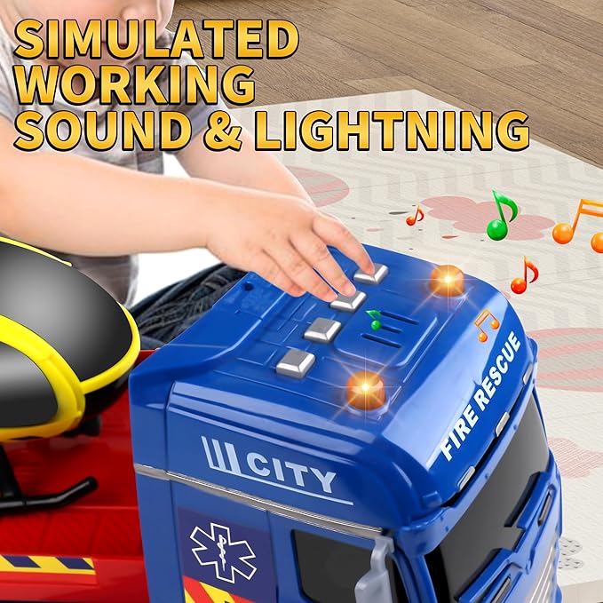 Dwi Dowellin Semi Truck Toy with Lights & Sounds, Racing Car & Helicopter - Birthday Gift for 2-5 Years Old Boys & Girls