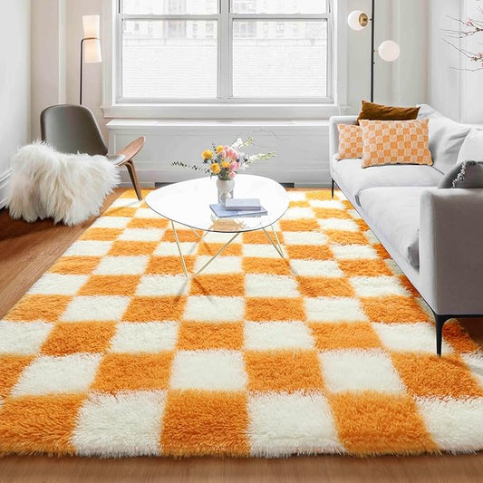 KICMOR Soft Fluffy 5x8 Orange and Cream White Rugs Living Room Carpets, Large Fuzzy Checkered Shag Area Rug Big Carpet for Bedroom, Indoor Plush Shaggy Rug for Nursery Teen Boys Girls Room Decor