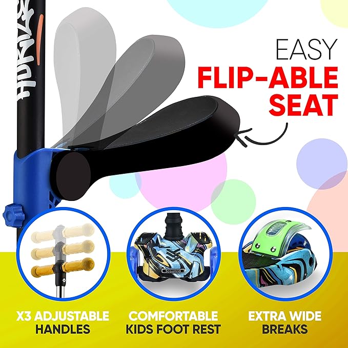 Hurtle 3-Wheeled Scooter for Kids - Wheel LED Lights, Adjustable Lean-to-Steer Handlebar, and Foldable Seat - Sit or Stand Ride with Brake for Boys and Girls Ages 1-14 Years Old