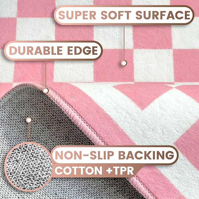 Washable 4x6 Checkered Area Rug for Living Room, Pink Checkerboard Modern Boho Large Rugs, Ultra Thin Low Pile Lightweight Soft Indoor Carpet with Non-Slip Backing for Bedroom Kids Nursery Play Room