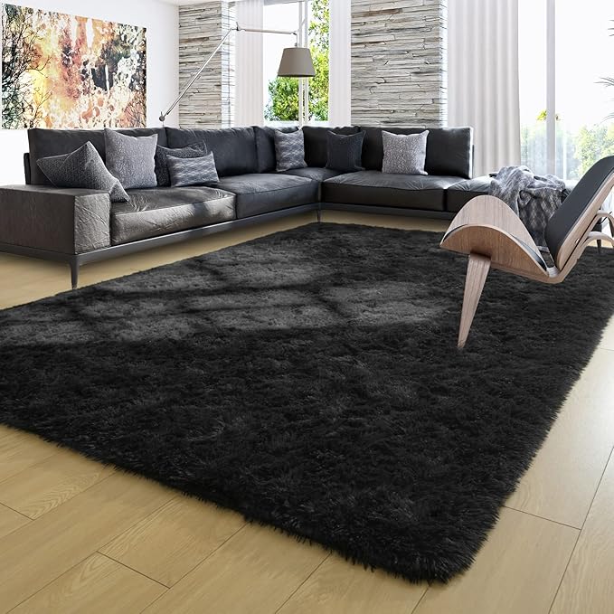 Ompaa Black 8x10 Feet Large Area Rugs Fluffy Living Room Carpet, Wall to Wall Big Shag Rug for Bedroom Kids Playroom Classroom Nursery Home Office Decor