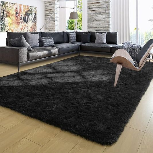 Ompaa 9x12 Area Rug Black Fluffy Living Room Large Carpet for Bedroom Dorm, Non-Slip High Pile, Modern Big Shag Rug for Classroom Kids Playroom Nursery Home Office Decor