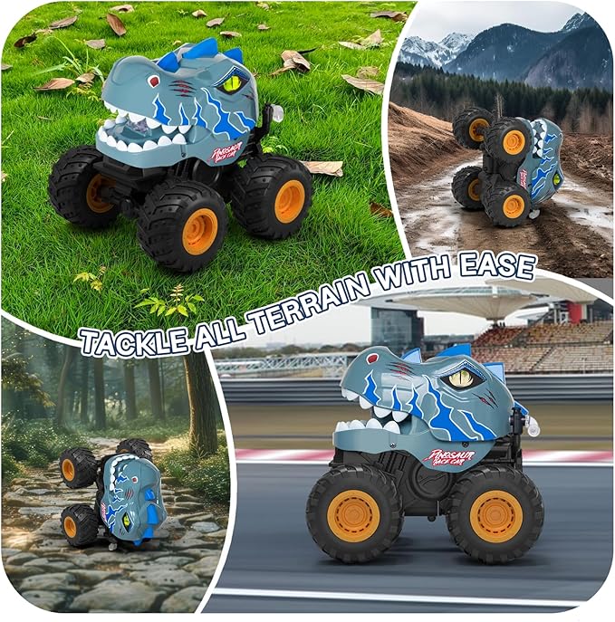 Dinosaur Remote Control Car for Boys 4-7, 360° Rotating Stunt Vehicle, 2.4GHz All Terrain RC Monster Truck Toys with Spray, Light & Sound for Kids 8-12, Birthday Gift for Boys (Grey)