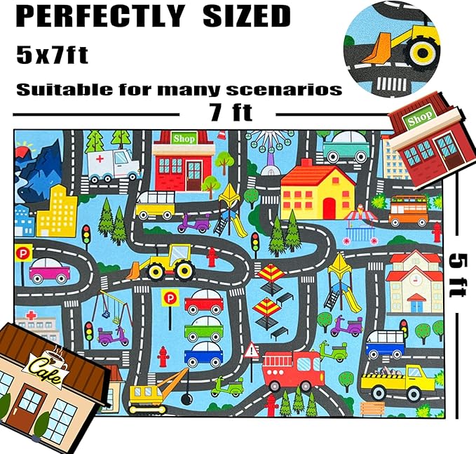 Car Track Rug - Car Rugs for Kids Toy Cars City Life Road Rug for Large Kids Play Mat for Boys Girls Playroom Living Room Bedroom Classroom, 5'×7'
